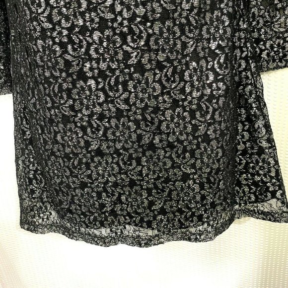 Black Silver Lace Embellished Metallic Top Blouse - Picture 4 of 7